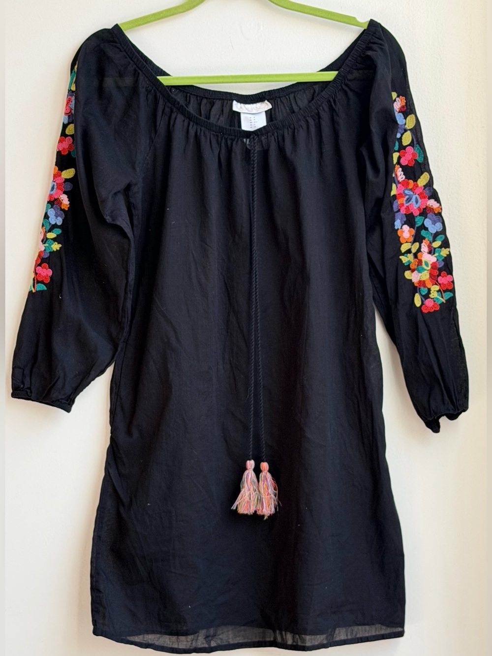 ⁠La Blanca Beach Swimsuit Cover Up Dress XS Black Floral Embroidery Tassel Boho⁠